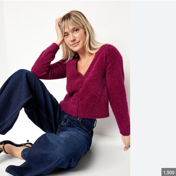 Old Navy Textured Shine Crop Cardigan Berry Fine New Long Sleeve Sz M Metallic - Picture 1 of 8